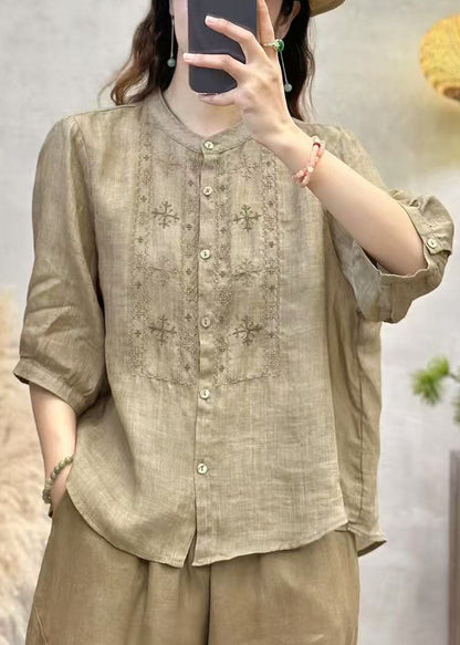 Sleeve Linen Embroidered Blue Half Tops Handmade