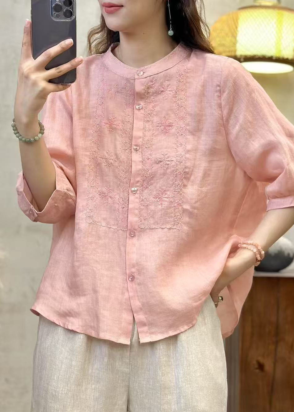 Sleeve Linen Embroidered Blue Half Tops Handmade