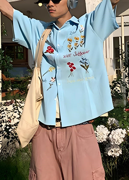 Handmade Cotton Embroideried Mens Blue Shirt Plaid Summer