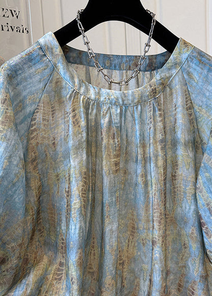 Bracelet Tie Handmade Neck Top O Dye Blue Sleeve Chiffon
