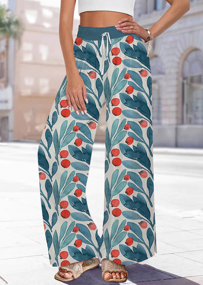 Pants Leg Waist Print Blue Summer Elastic Handmade Wide
