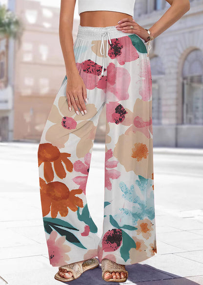 Pants Leg Waist Print Blue Summer Elastic Handmade Wide