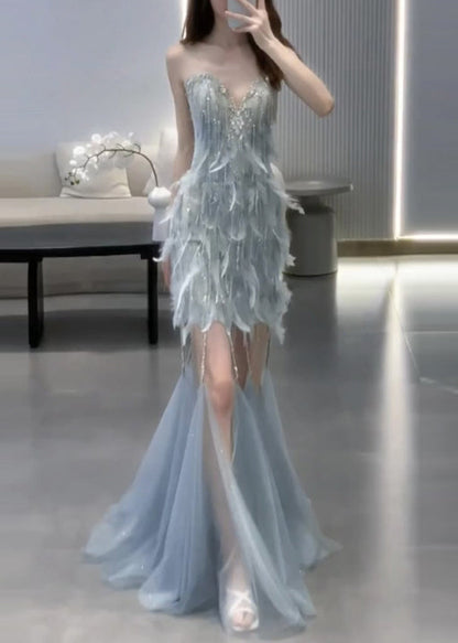 Dress Feather And Blue Handmade Tulle Two Pieces Zircon Cape Set