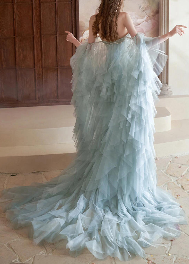 Dress Feather And Blue Handmade Tulle Two Pieces Zircon Cape Set