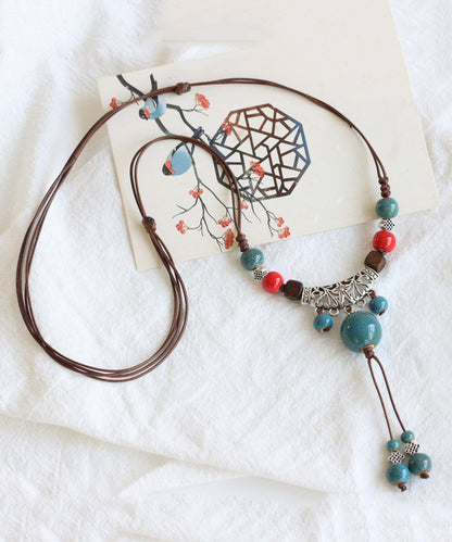 Handmade Bronze Coppery Woven Ceramics Hollow Out Tassel Pendant Necklace TX006