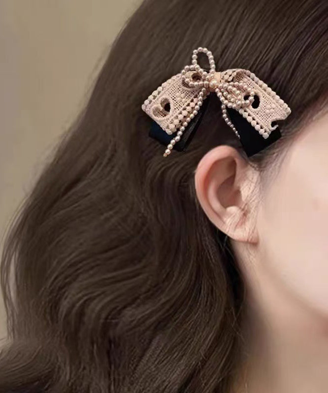 Hairpin Handmade Bow Fabric Pearl Art Brown