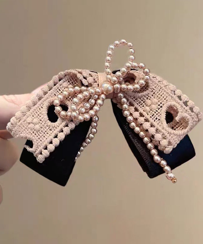 Hairpin Handmade Bow Fabric Pearl Art Brown