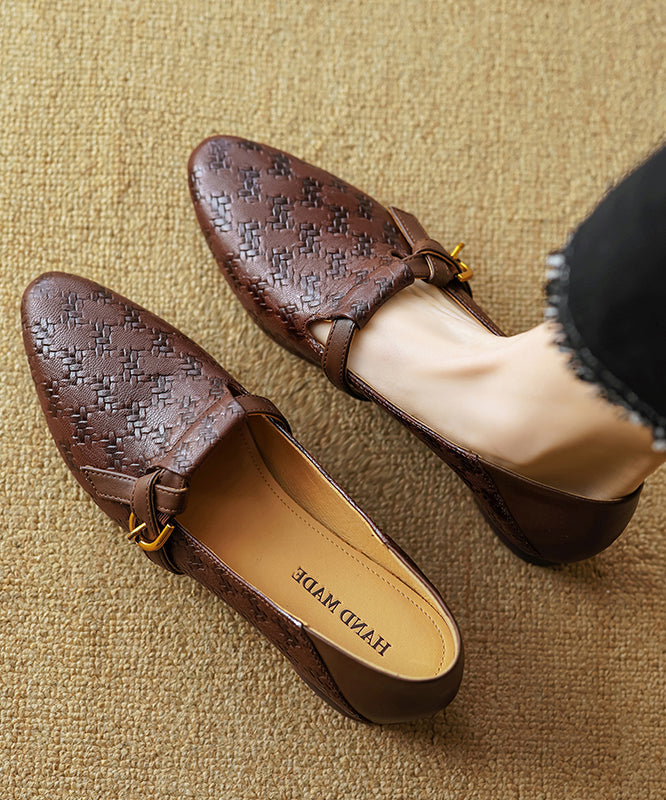 Leather Cowhide Pointed Feet Toe Handmade Shoes Flat Brown