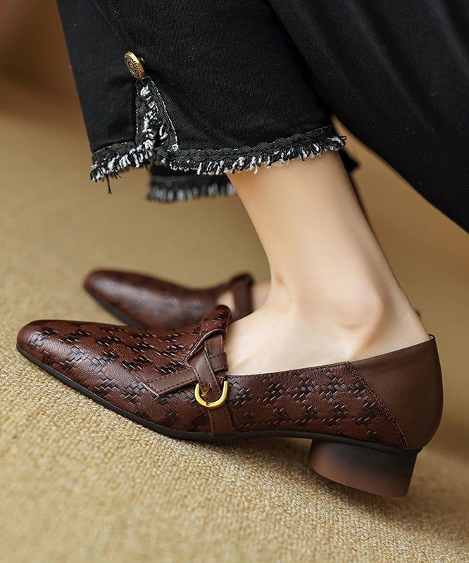 Leather Cowhide Pointed Feet Toe Handmade Shoes Flat Brown
