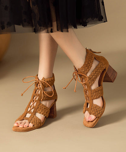 Hollow Brown Lace Out Sandals Chunky Splicing Handmade Boots Up