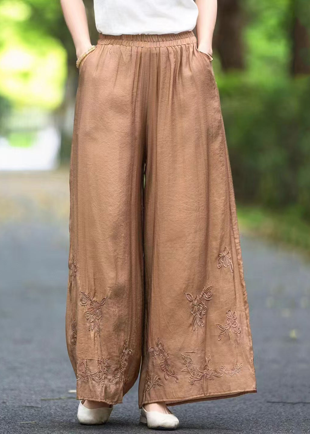 Silk Elastic Handmade Pockets Solid Pants Brown Waist Summer
