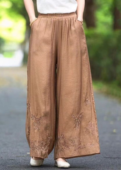 Silk Elastic Handmade Pockets Solid Pants Brown Waist Summer