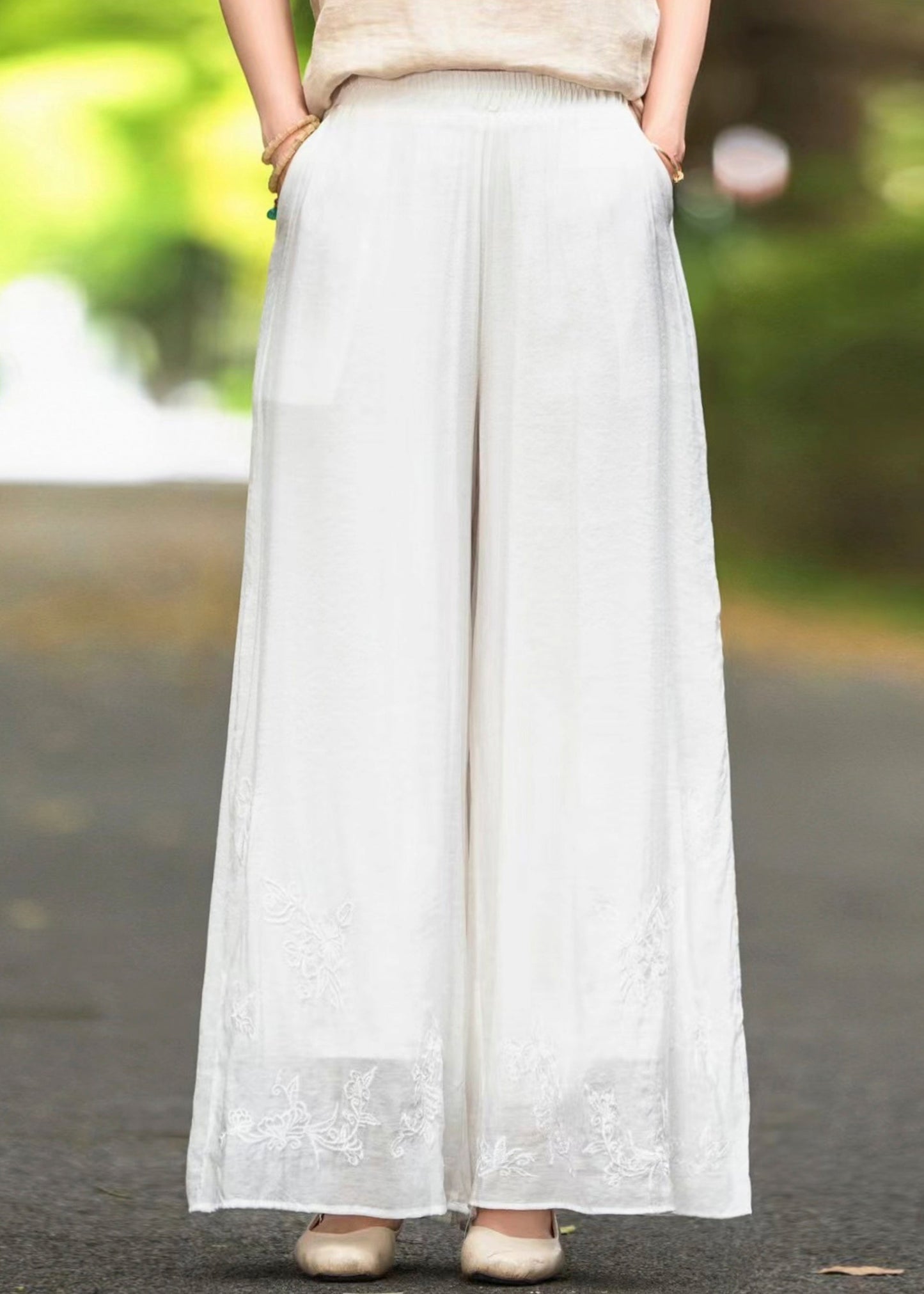 Silk Elastic Handmade Pockets Solid Pants Brown Waist Summer