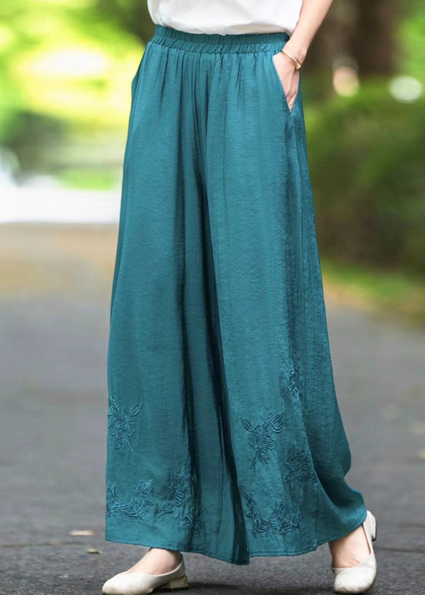 Silk Elastic Handmade Pockets Solid Pants Brown Waist Summer