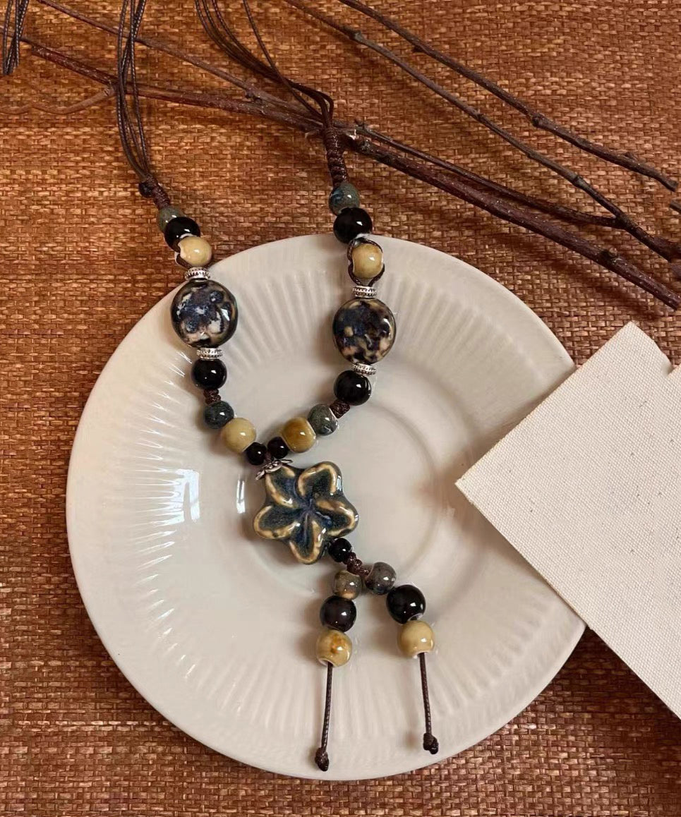 Coffee Alloy Pendant Wax Necklace Ceramic Rope Handmade