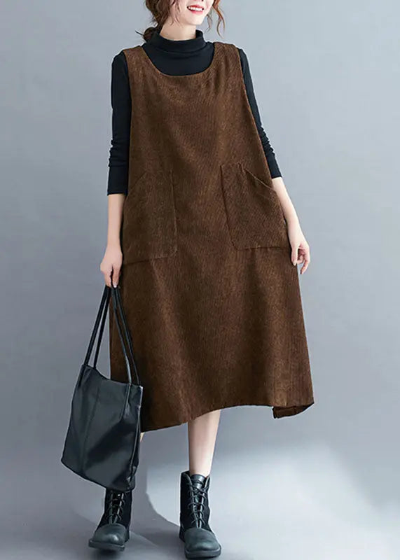 Handmade Coffee Pockets Patchwork Corduroy Sweatshirts Dress Sleeveless Ada Fashion