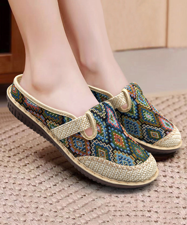 Green Splicing Slide Handmade Sandals Comfy Linen