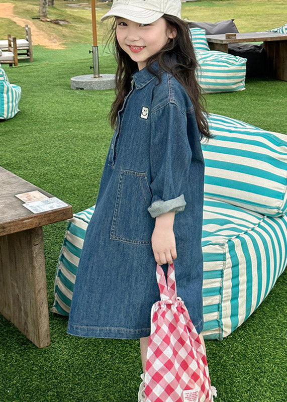 Handmade Denim Blue Peter Pan Collar Patchwork Button Kids Long Dress Spring TV024