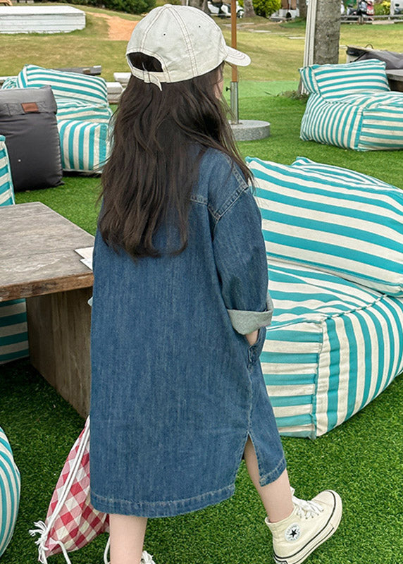 Handmade Denim Blue Peter Pan Collar Patchwork Button Kids Long Dress Spring TV024