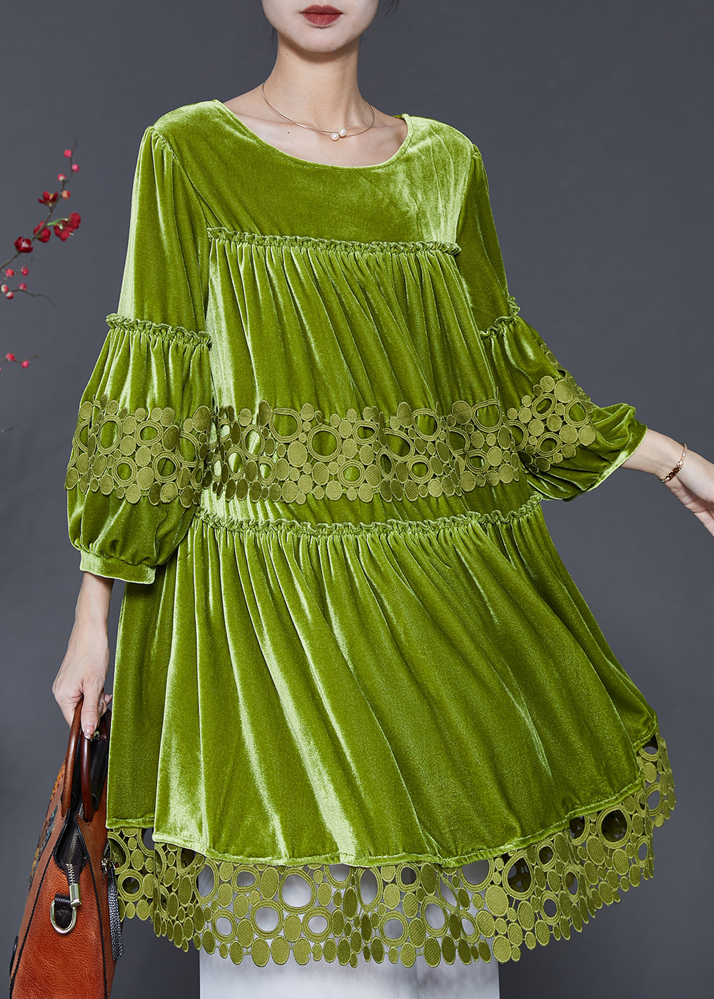 Handmade Grass Green Oversized Patchwork Silk Velvet Dresses Spring SD1103