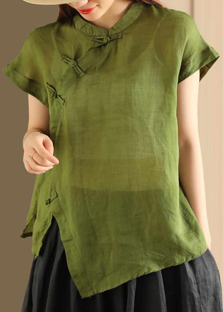 Button Top Green Collar Linen Handmade Stand Summer
