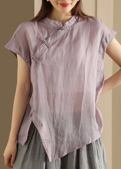 Button Top Green Collar Linen Handmade Stand Summer