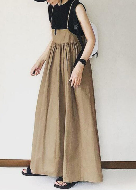 Spaghetti Khaki Patchwork Long Wrinkled Dress Handmade Strap