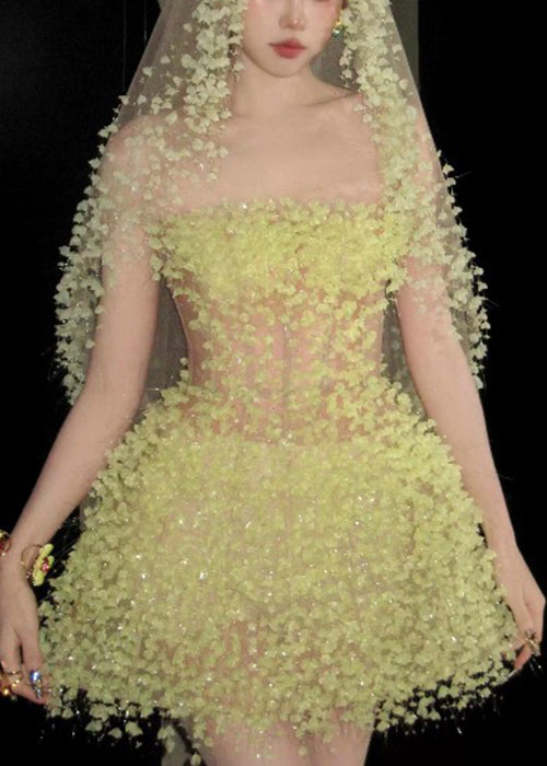 Yellow Handmade Strapless Waist Mid High Dress Tulle Light