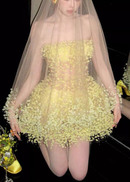 Yellow Handmade Strapless Waist Mid High Dress Tulle Light
