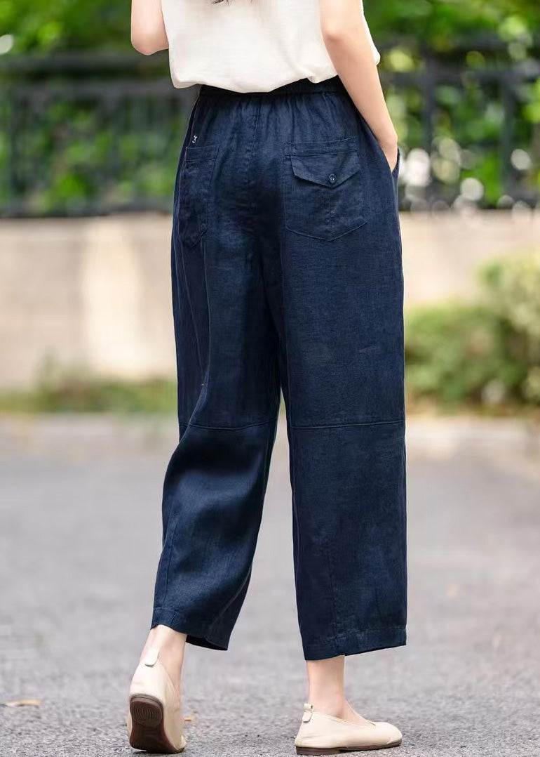 Pants Navy Waist Elastic Pockets Summer Crop Linen Handmade