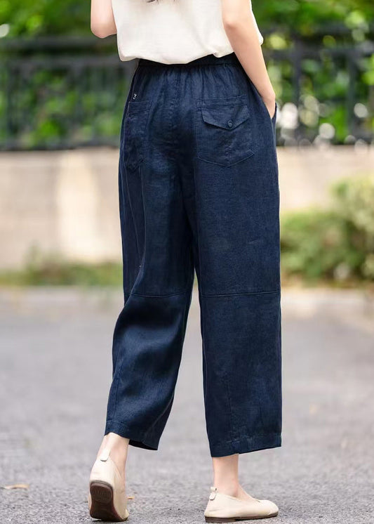 Pants Navy Waist Elastic Pockets Summer Crop Linen Handmade
