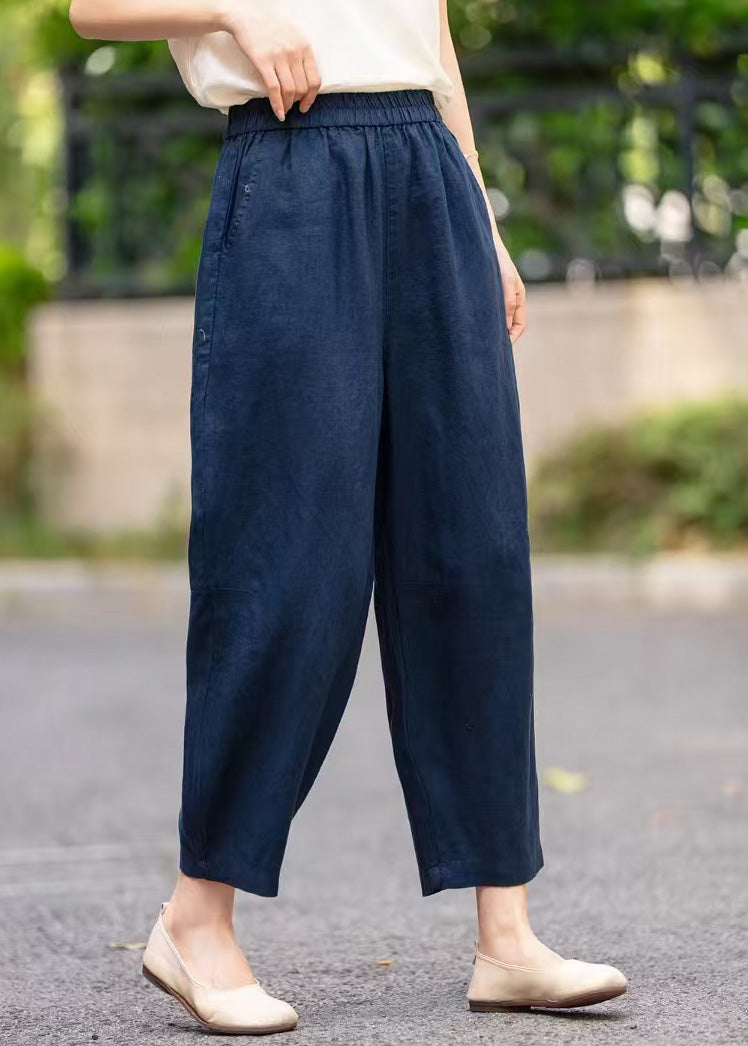 Pants Navy Waist Elastic Pockets Summer Crop Linen Handmade