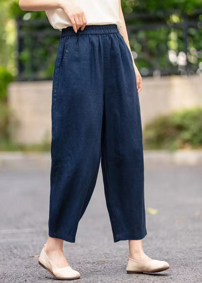 Pants Navy Waist Elastic Pockets Summer Crop Linen Handmade