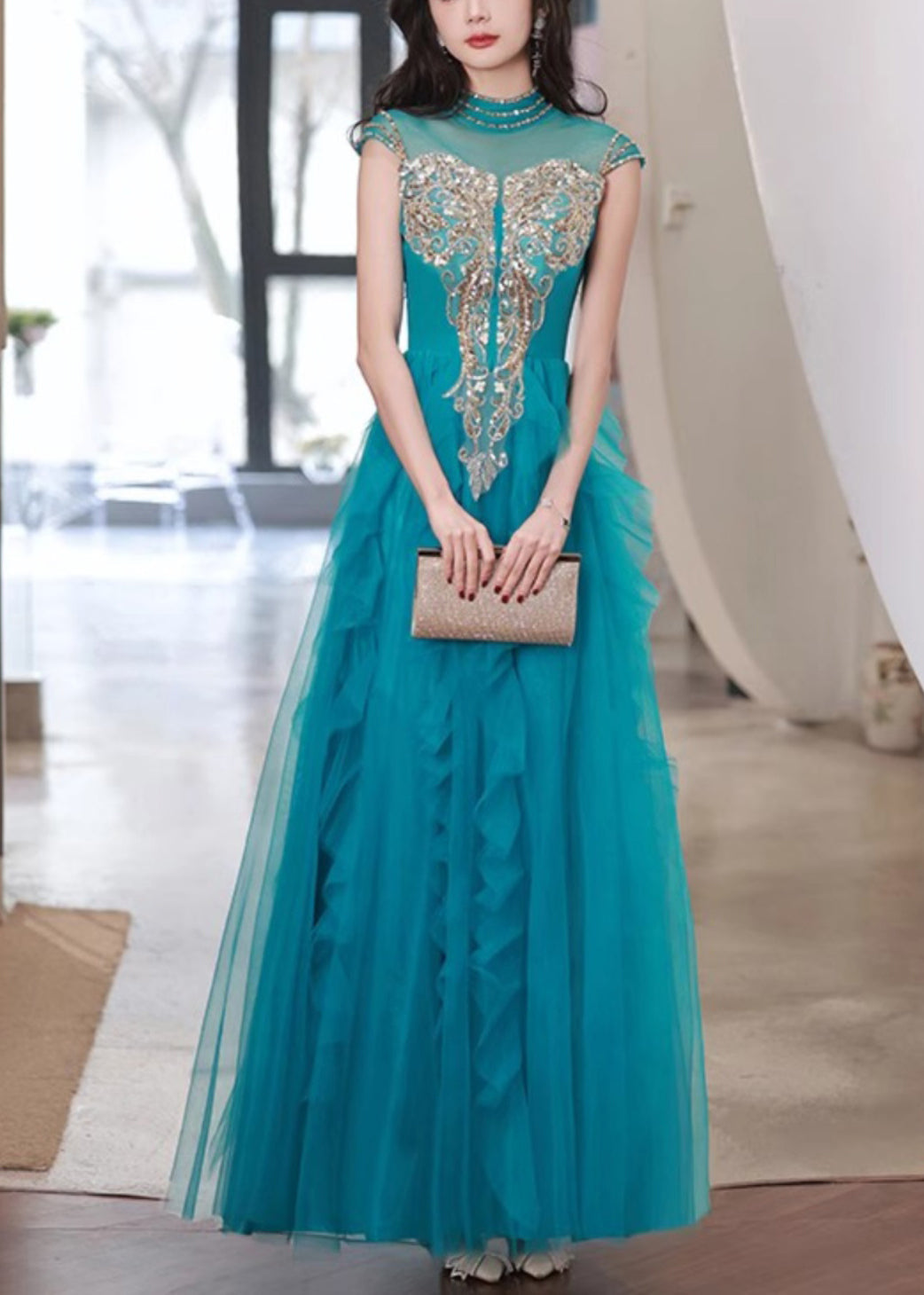 Ruffled Tulle Peacock Blue Dress Nail Summer Bead Handmade Party