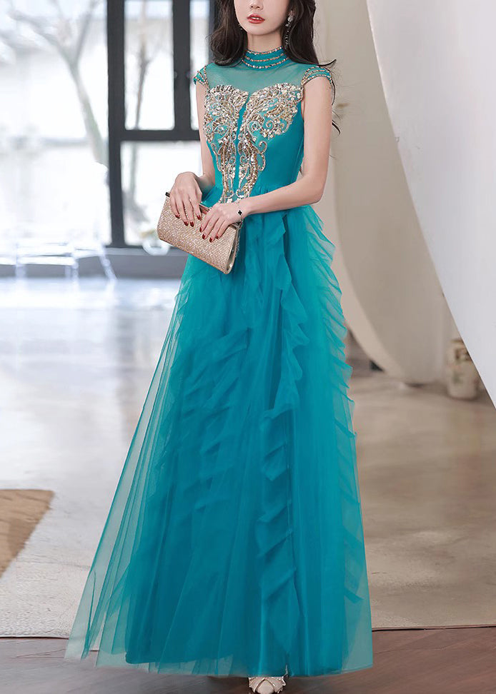 Ruffled Tulle Peacock Blue Dress Nail Summer Bead Handmade Party