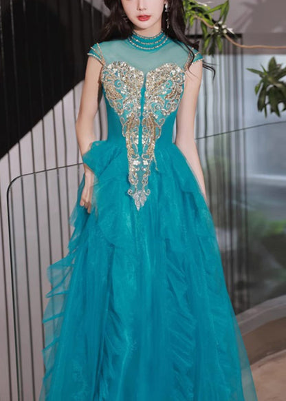 Ruffled Tulle Peacock Blue Dress Nail Summer Bead Handmade Party