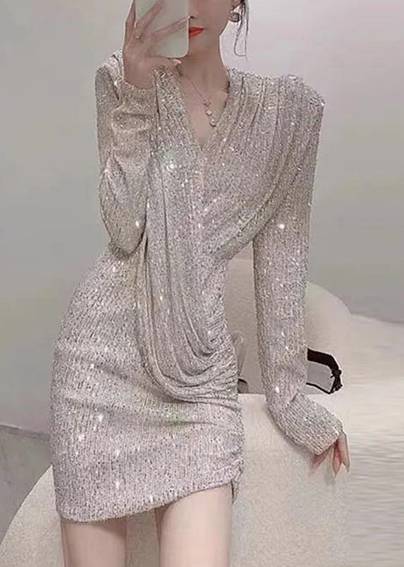 Handmade Photo Color V Neck Wrinkled Sequins Mid Dress Spring YZ074