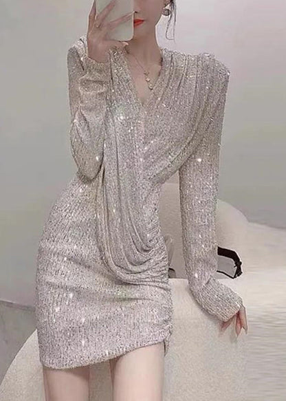 Handmade Photo Color V Neck Wrinkled Sequins Mid Dress Spring YZ074