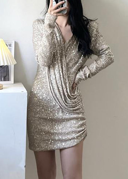 Handmade Photo Color V Neck Wrinkled Sequins Mid Dress Spring YZ074