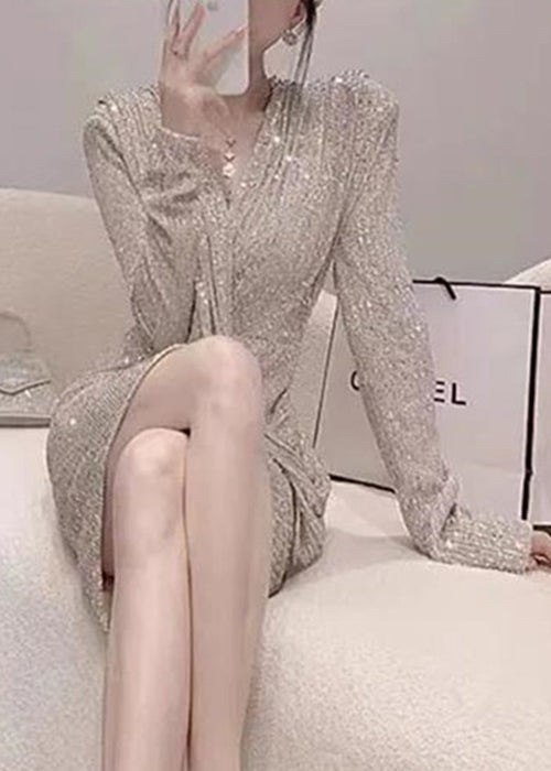 Handmade Photo Color V Neck Wrinkled Sequins Mid Dress Spring YZ074