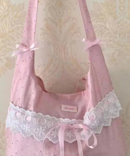 Handmade Pink Bow Lace Canvas Satchel Handbag WI032