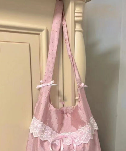 Handmade Pink Bow Lace Canvas Satchel Handbag WI032