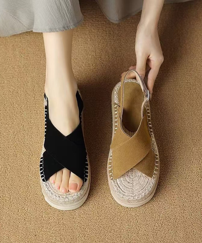 Cowhide Black Sandals Cross Platform Strap Slide Handmade Leather