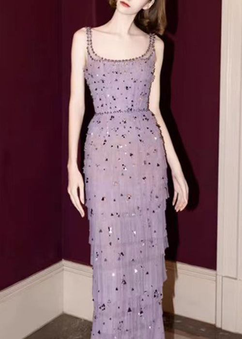 Side Ankle Wrinkled Tulle Handmade Open Dress Purple Sleeveless