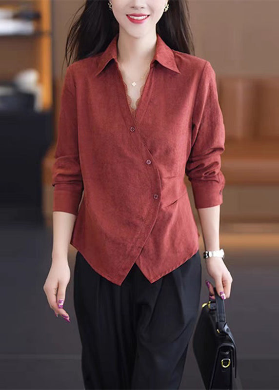 Solid Spring Button Lace Red Handmade Shirt Patchwork