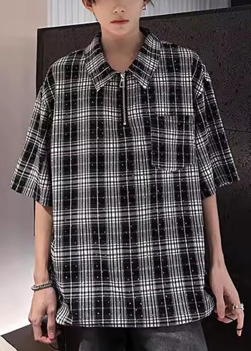 Handmade Sleeve Men Shirts Zippered Half Red Cotton Zircon Plaid