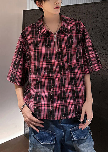 Handmade Sleeve Men Shirts Zippered Half Red Cotton Zircon Plaid
