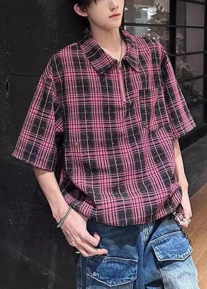 Handmade Sleeve Men Shirts Zippered Half Red Cotton Zircon Plaid