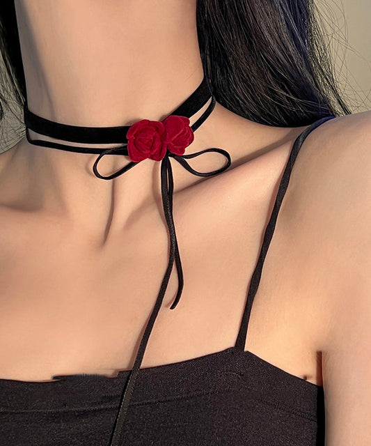 Handmade Red Silk Velvet Floral Bow Pendant Necklace YU017