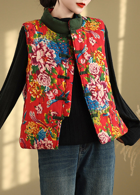 Handmade Red Stand Collar Print Chinese Button Fine Cotton Filled Vest Sleeveless TI020